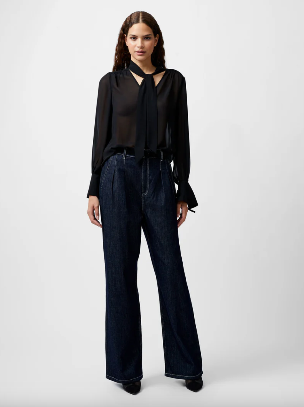 FRENCH CONNECTION Eden Georgette Tie Neck Blouse black