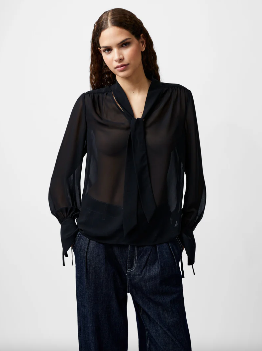 French Connection Eden Georgette Tie Neck Blouse blackout