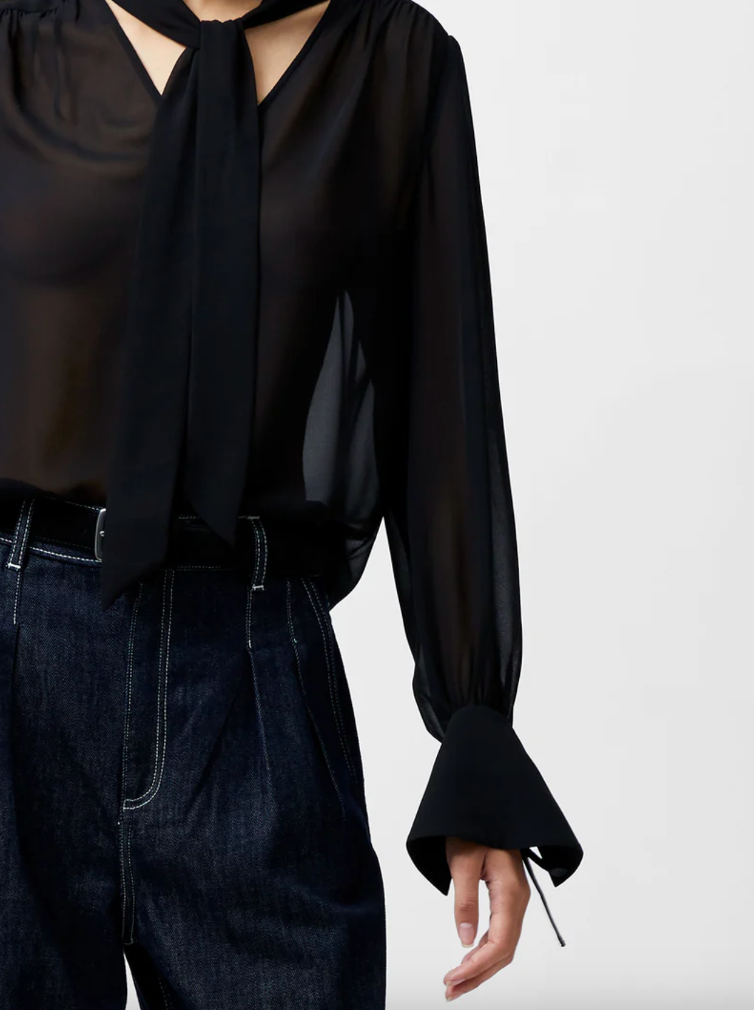 FRENCH CONNECTION Eden Georgette Tie Neck Blouse black