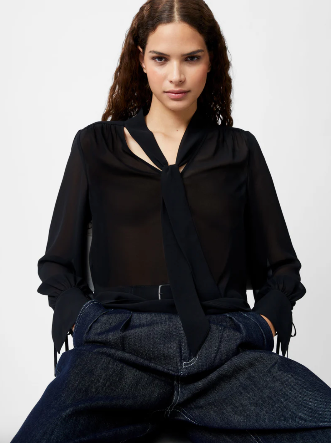 FRENCH CONNECTION Eden Georgette Tie Neck Blouse black