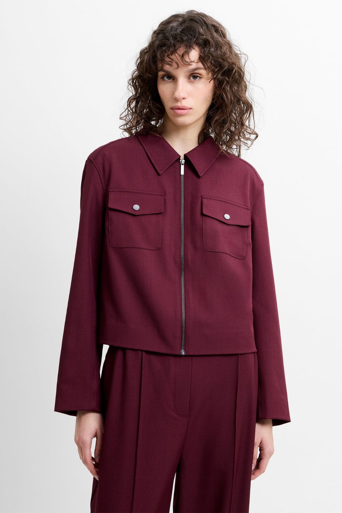 French Connection Twyla Suiting Structured Hem Jacket berry red